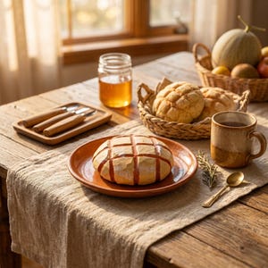 May include: A round, scored bread loaf sits on a terracotta plate next to a ceramic mug, a small gold spoon, and a sprig of rosemary. A wooden tray holds three utensils, and a woven basket contains two additional bread loaves and fruit.