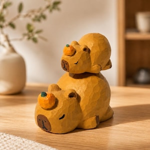 Könnte beinhalten: Eine handgeschnitzte Holzfigur, die zwei gestapelte Wasserschweine mit texturierten gelben Oberflächen zeigt. Jedes Wasserschwein hat eine kleine, runde orangefarbene Frucht mit einem grünen Stiel auf dem Kopf. Die Figuren haben geschlossene Augen und braun bemalte Schnauzen.