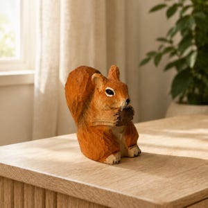 May include: A hand-carved wooden squirrel figurine with a textured, light brown finish. The squirrel is depicted in a seated position, holding a small, dark brown acorn between its front paws, featuring visible chisel marks and black painted eyes.