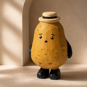 May include: A hand-carved wooden figurine shaped like a potato with a yellow textured body, black painted shoes, and black painted arms. The figure wears a small, light-colored wooden hat with a black band and features a sad facial expression.