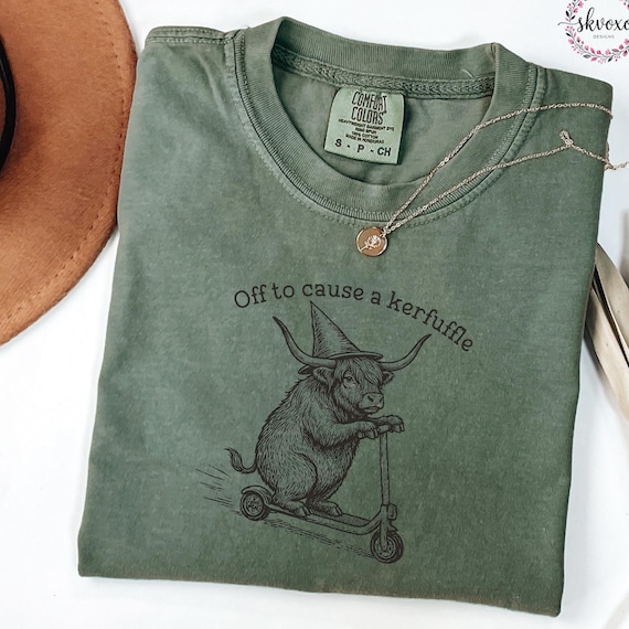 Off To Cause A Kerfuffle Comfort Colors Shirt Funny Highland Cow Scooter Tshirt Silly Animal Mental Health Tee Adult Humor Sarcastic T-Shirt