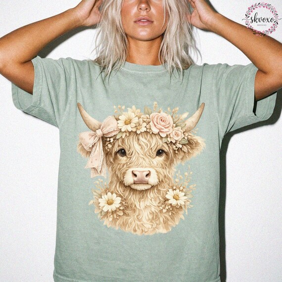 Comfort Colors® Highland Cow With Bow Flowers Tshirt, Cute Floral Cow Shirt, Cow Lover Gift, Graphic Floral Cow Tee, Highland Cow Shirt
