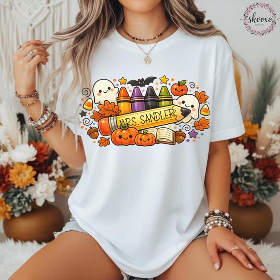 Customized Teacher Shirt, Back to School Shirt, Cute Halloween Shirt, Personalized Name Teacher Shirt, Pencil Teacher Shirt, Teacher Gift