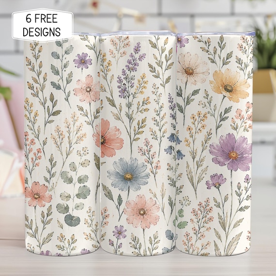 Wildflower 20oz Tumbler Wrap PNG, Spring Floral Sublimation Design, Watercolor Flower Tumbler Digital Download