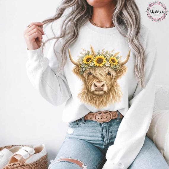 Comfort Colors® Highland Cow With Sunflower Crown Sweatshirt, Cute Floral Cow Sweatshirt, Cow Lover Gift, Highland Cow Shirt