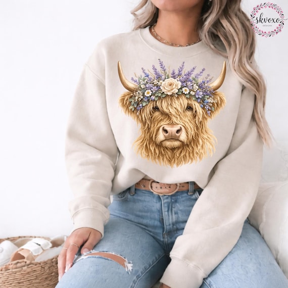 Comfort Colors® Highland Cow With Flower Crown Sweatshirt, Cute Floral Cow Sweatshirt, Cow Lover Gift, Highland Cow Shirt