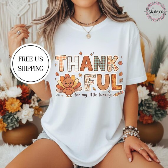 Comfort Colors® Thankful Teacher Shirt | Fall Turkey Teacher T-shirt | Thanksgiving Teacher Tee | Cute Turkey Mom T-shirt