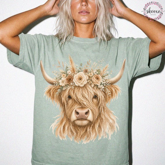 Comfort Colors® Highland Cow With Bow Flowers Tshirt, Cute Floral Cow Shirt, Cow Lover Gift, Graphic Floral Cow Tee, Highland Cow Shirt