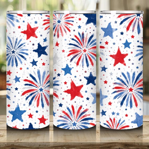 4th of July Fireworks 20oz Tumbler Wrap PNG, Patriotic Stars  Sublimation Design, Red White Blue Skinny Tumbler Download