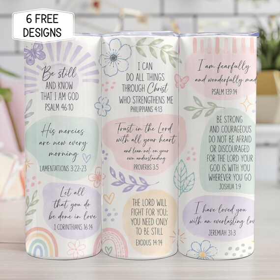 Bible Verse Affirmations 20oz Tumbler Wrap PNG, Christian Scripture Sublimation Design, Pastel Faith Skinny Tumbler Download