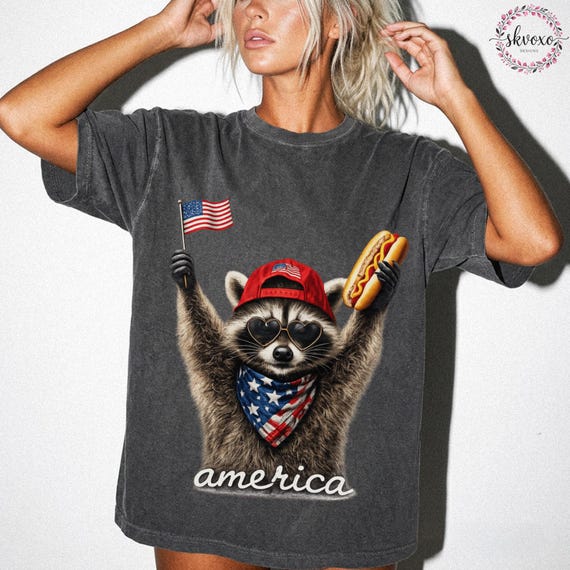 Comfort Colors® America Raccoon Hot Dog Shirt, 4th of July Raccoon Shirt, Patriotic American Flag Tee, USA Independence Day Shirt