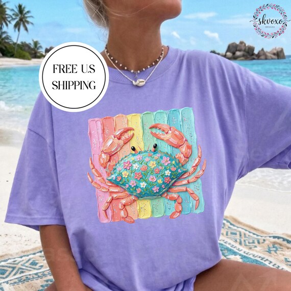 Comfort Colors® Brushstroke Coquette Crab Summer T-Shirt | Pink Floral Bow Crab T-shirt | Cute Beach Sea Life Graphic