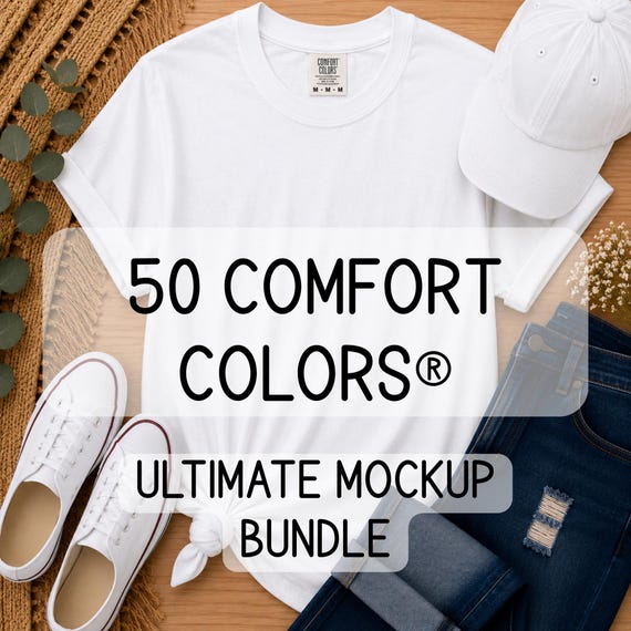 Comfort Colors 1717 Mockup Bundle | 50 Colors T-Shirt Mockups | Canva Editable | POD Mockup Pack