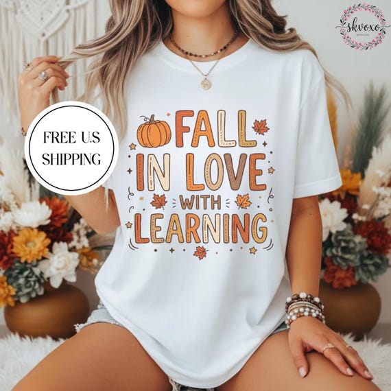 Comfort Colors® Fall Teacher Shirt | Back To School T-shirt | Fall in Love with Learning T-shirt | Pumpkin & Leaves Teacher Autumn Tee