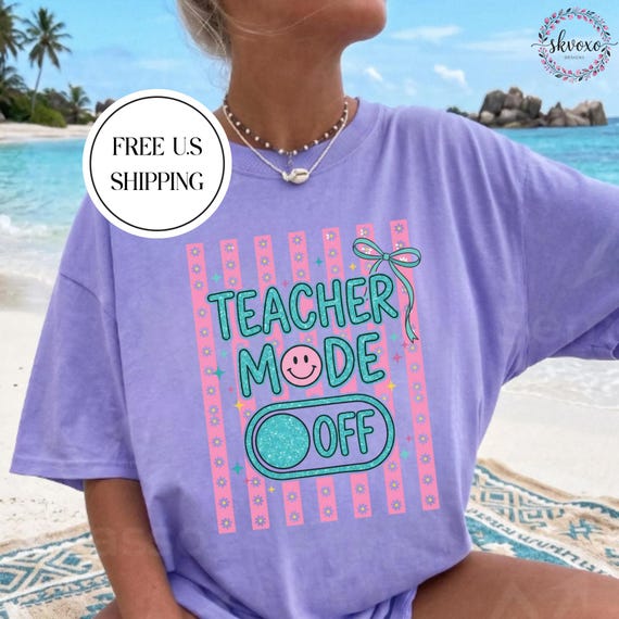 Comfort Colors® Teacher Mode Off Summer T-Shirt | Striped Pink Background | Summer Vibes Shirt | Teacher Shirt