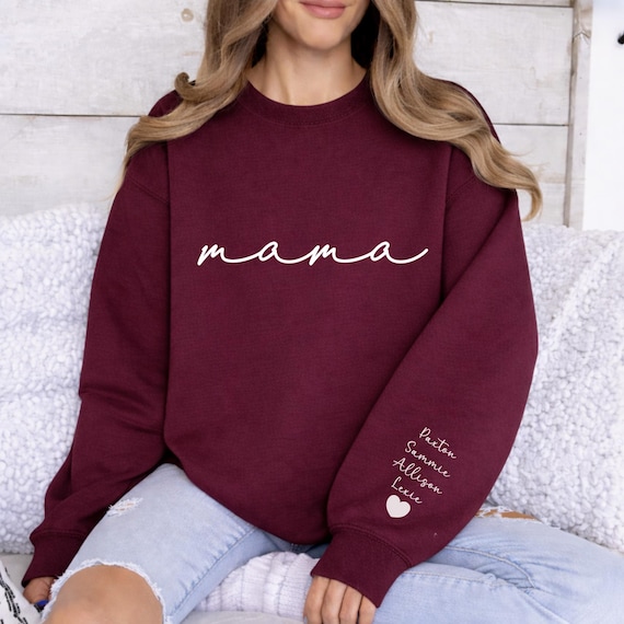 Personalized Mama Sweatshirt with Kid Names on Sleeve, Mothers Day Gift, Birthday Gift for Mom, New Mom Gift, Minimalist Cool Mom Sweater