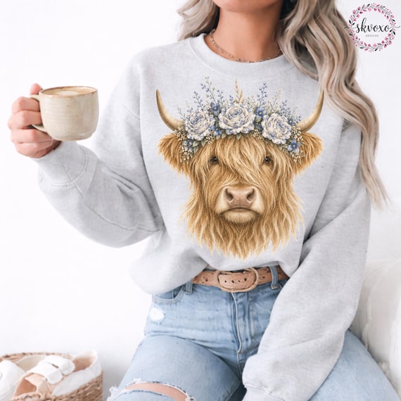 Comfort Colors® Highland Cow With Flower Crown Sweatshirt, Cute Floral Cow Sweatshirt, Cow Lover Gift, Highland Cow Shirt