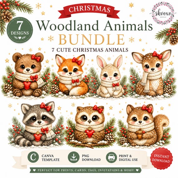 Cute Christmas Woodland Animals Clipart | Forest Creatures PNG Bundle | Digital Download | PNG, Commercial Use