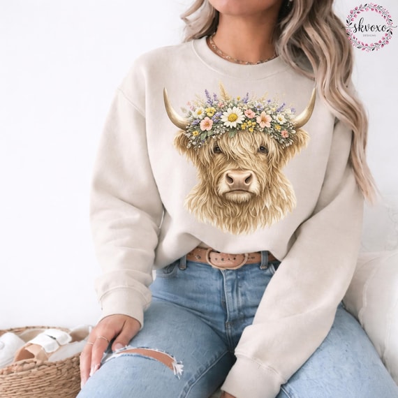 Comfort Colors® Highland Cow With Wildflower Crown Sweatshirt, Cute Floral Cow Sweatshirt, Cow Lover Gift, Highland Cow Shirt