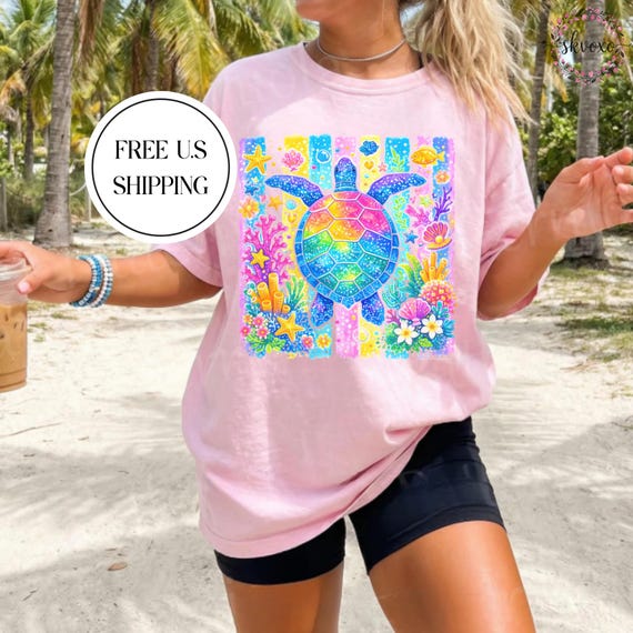 Comfort Colors® Coastal Preppy Summer T-Shirt | Rainbow Sea Turtle T-shirt | Colorful Ocean Coral Reef Art