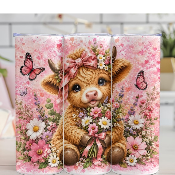 Flowers Highlands Cow Tumbler 20 oz Skinny Tumbler Sublimation Design, Cute Cow Summer Fruit PNG Instant Download  Tumbler Wrap
