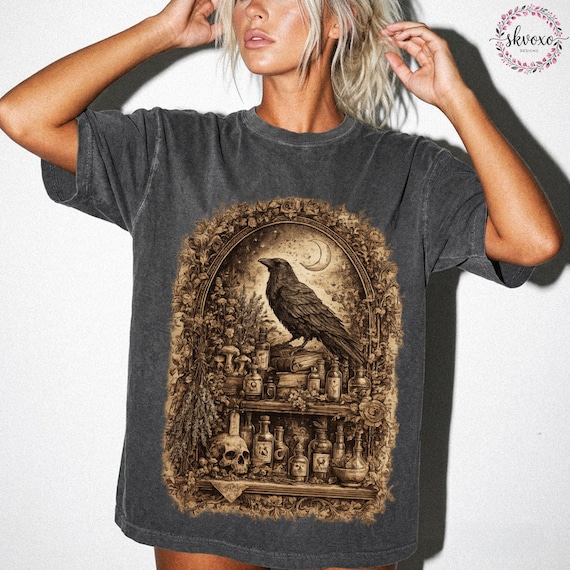 Gothic Raven T-Shirt, Dark Academia Crow Shirt, Vintage Botanical Bird Tee, Cottagecore Witchy Apparel, Nature Lover Gift