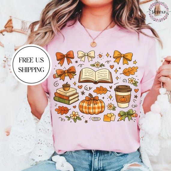 Autumn Teacher Cozy Doodle T-Shirt | Pumpkin Coffee, Books, Bows