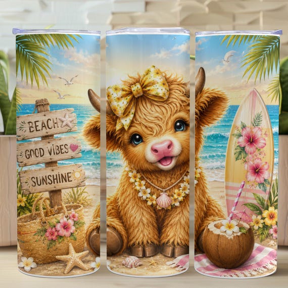 Beach Highlands Cow Tumbler 20 oz Skinny Tumbler Sublimation Design, Cute Cow Summer Time PNG Instant Download  Tumbler Wrap