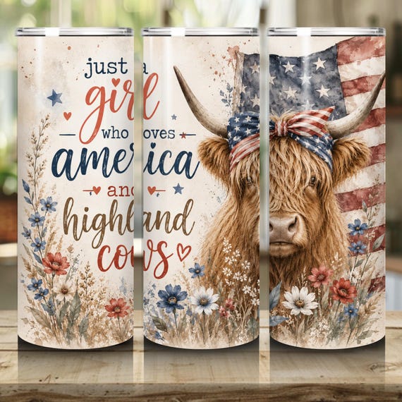 4th of July Highlands Cow Tumbler 20 oz Skinny Tumbler Sublimation Design, Cute Cow PNG Instant Download Tumbler Wrap