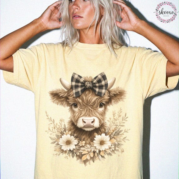 Comfort Colors® Highland Cow With Bow Flowers Tshirt, Cute Floral Cow Shirt, Cow Lover Gift, Graphic Floral Cow Tee, Highland Cow Shirt