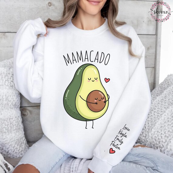 Personalized Mama Sweatshirt with Kid Names on Sleeve, Mothers Day Gift, Birthday Gift for Mom, New Mom Gift, Avocado Lover Sweater
