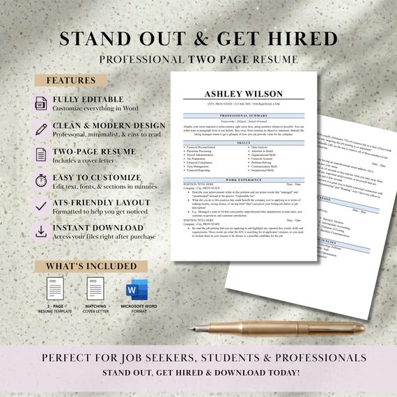 Easy ATS Resume Template Word | Professional, Editable, Cover Letter | Minimalist Design