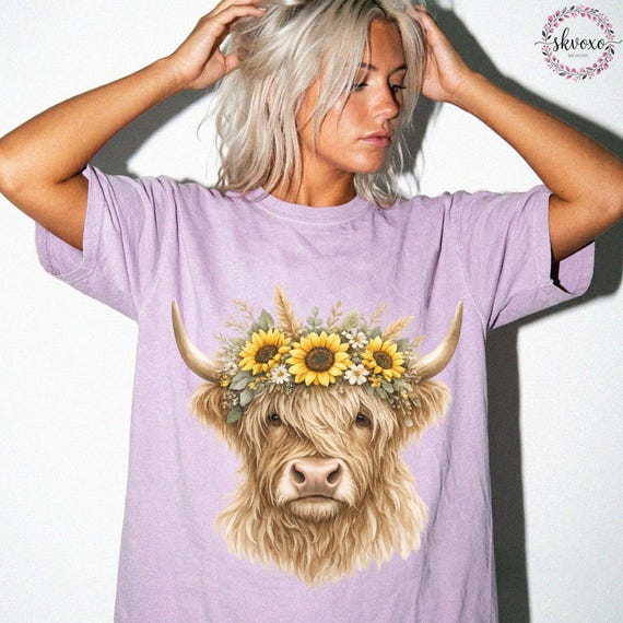 Comfort Colors® Highland Cow With Flowers Crown T-Shirt, Cute Floral Cow Shirt, Cow Lover Gift, Graphic Floral Cow Tee, Highland Cow Shirt