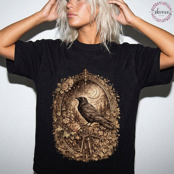 Vintage Gothic Raven Shirt, Dark Cottagecore Crow Tee, Apothecary Bird T-Shirt, Dark Academia Graphic Tee, Witchy Nature Shirt