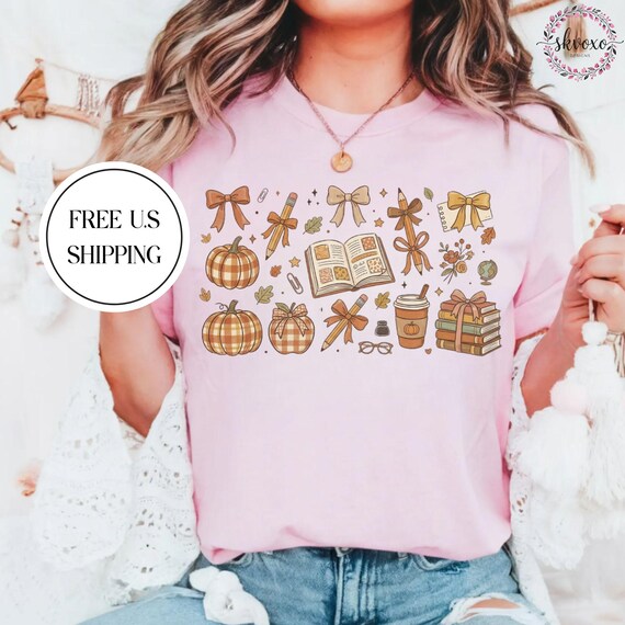 Autumn Teacher Cozy Doodle T-Shirt | Pumpkin Coffee, Books, Bows