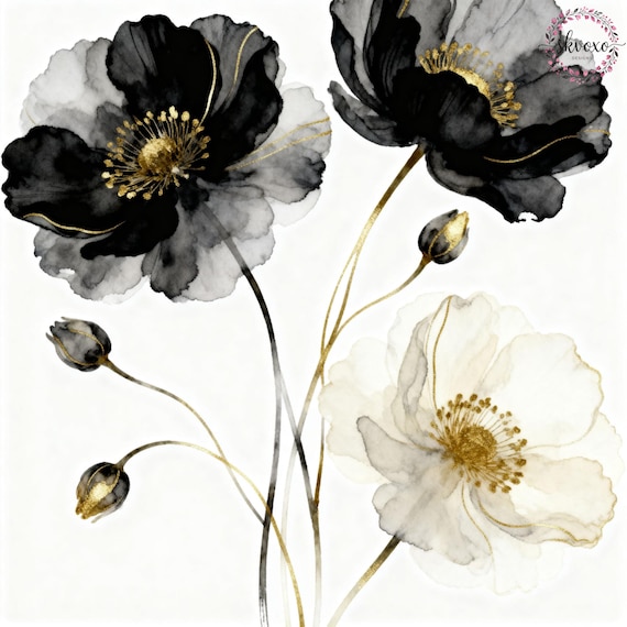 9 Black Abstract Flowers Clipart | Flowers Print | Printable Watercolor Clipart | High Quality PNGs | Paper craft | Digital Download
