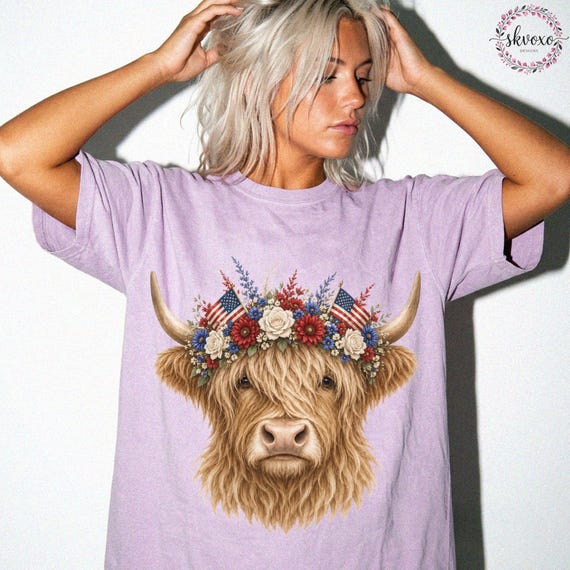 Comfort Colors® Highland Cow With Patriotic Flowers Crown T-Shirt, Cute Floral Cow Shirt, Cow Lover Gift, Floral Cow Tee, Highland Cow Shirt