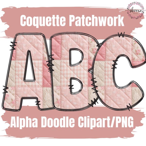 Coquette Patchwork Doodle Alphabet PNG | Retro Gingham & Floral Sublimation Design Set | Printable Monogram Clipart | Instant Download