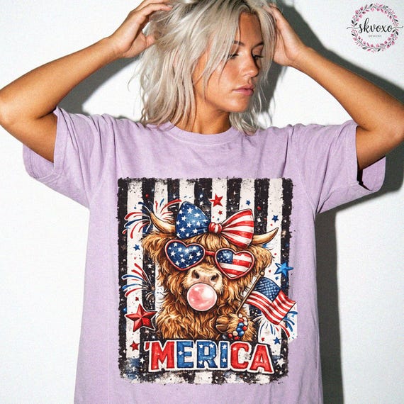 Patriotic 'Merica Highland Cow Shirt, 4th of July Cow Design, Girly Trendy, Preppy Farm Shirt, Independence Day, Memorial Day