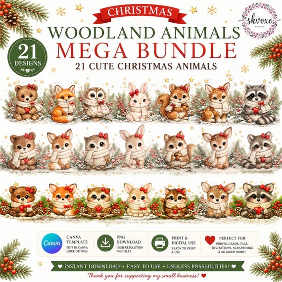 Christmas Woodland Animals Bundle, 21 Cute Animal PNG, Holiday Clipart, Winter Animals, Christmas Sublimation, Digital Download