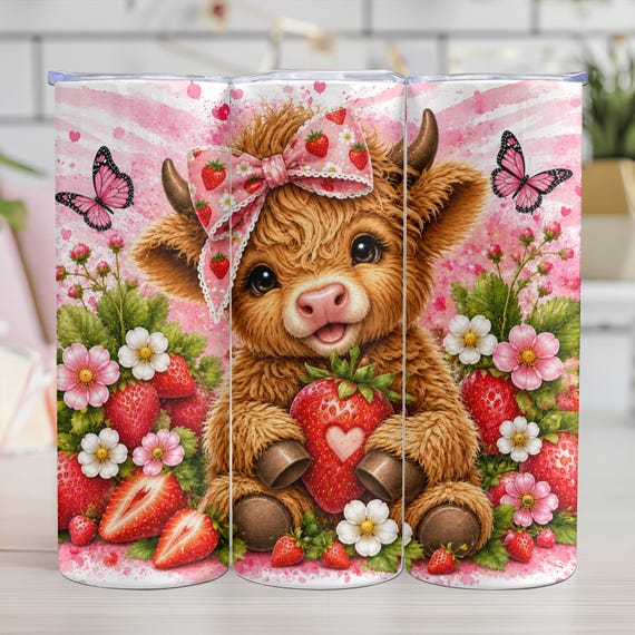 Strawberries Highlands Cow Tumbler 20 oz Skinny Tumbler Sublimation Design, Cute Cow Summer Fruit PNG Instant Download  Tumbler Wrap