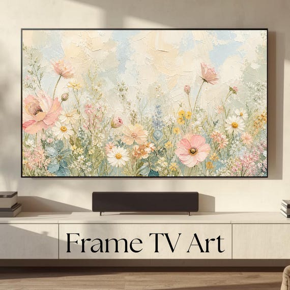 Abstract Samsung Frame TV Art, Spring Oil Painting, Textured Spring Wildflowers Painting, Digital Download TV Frame