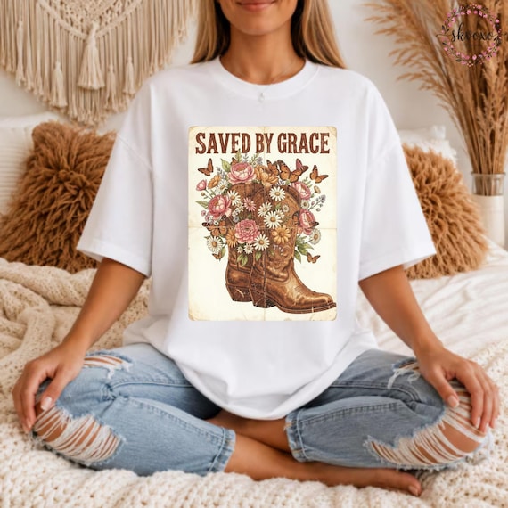 Saved By Grace floral cowboy boot T-Shirt | Christian faith graphic tee