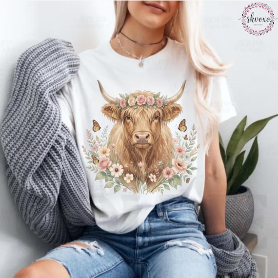 Floral Highland Cow Shirt | Watercolor Cow Portrait, Wildflower Wreath
