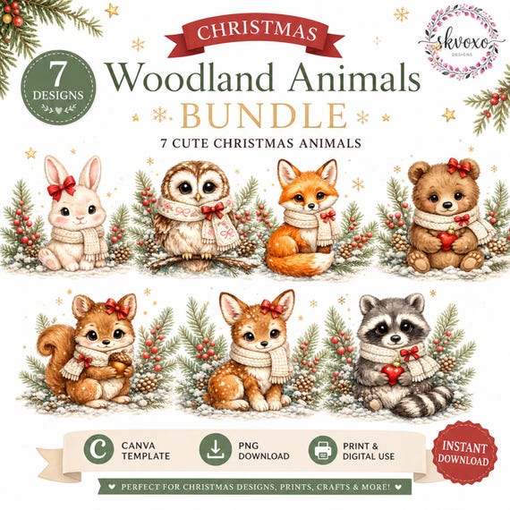 Cute Christmas Woodland Animals Clipart | Forest Creatures PNG Bundle | Digital Download | PNG, Commercial Use