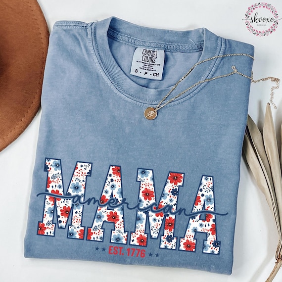 Comfort Colors® Mama USA Shirt, 4th of July Shirt, Cute Women's Patriotic Shirt, USA Bow Tee, American Flag Shirt Red White and Blue