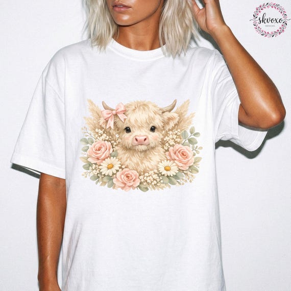 Comfort Colors® Highland Cow With Bow Flowers Tshirt, Cute Floral Cow Shirt, Cow Lover Gift, Graphic Floral Cow Tee, Highland Cow Shirt