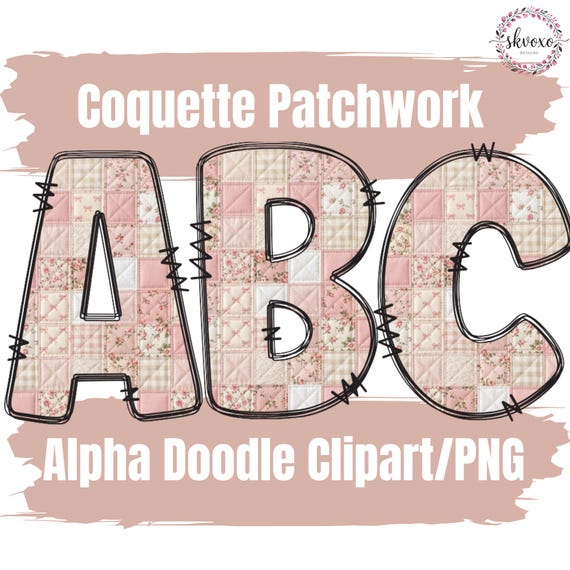 Coquette Patchwork Doodle Alphabet PNG | Retro Gingham & Floral Sublimation Design Set | Printable Monogram Clipart | Instant Download