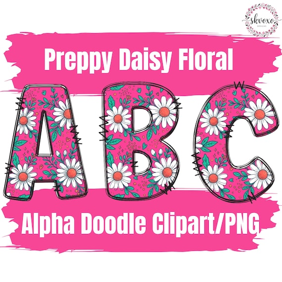 Preppy Daisy Floral Doodle Letters PNG | Hot Pink Alphabet Clipart | Retro Flower Sublimation Font Design | Digital Download