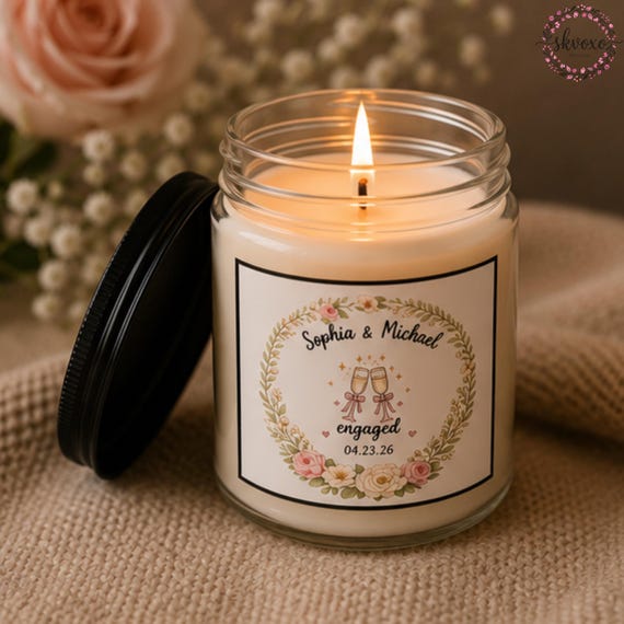 Custom Engagement Soy Candle Gift | Personalized Candle Gifts | 4oz & 9oz with Black Lid